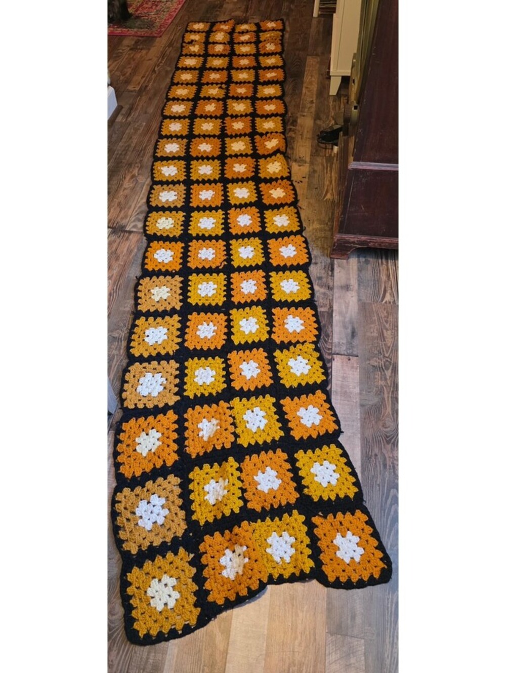 Vintage Handmade Crochet Granny Square Bed Runner King Size 129" x 24"